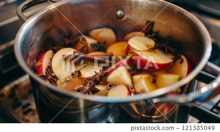 Apples, cinnamon, and spices bubble together in a pot on the stovetop, creating a warm, inviting aroma in a kitchen. Apples, cinnamon, and spices bubble together in a pot on the stovetop, creating a warm, inviting aroma in a kitchen. 121385049