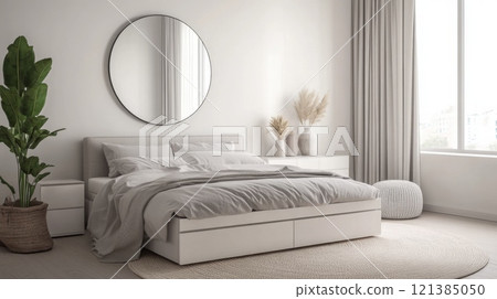 A beautifully designed bedroom showcases a large round mirror above a cozy bed with neutral linens. Natural light streams through the window, illuminating the minimalist decor and greenery. 121385050