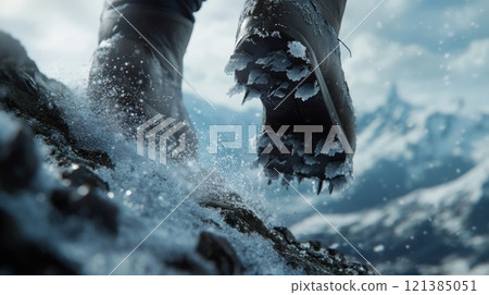 A hiker's boots trudge through wet snow and rocky terrain as they navigate a challenging winter trail. 121385051
