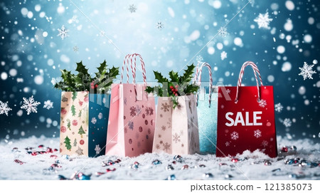 Colorful gift bags adorned with holiday patterns and greenery stand on a snowy surface, celebrating a festive sale. The atmosphere is cheerful, with snowflakes gently falling in the backdrop. 121385073