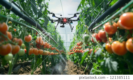 A drone flies through a greenhouse, spraying tomato plants. 121385111