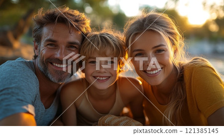 A joyful family of three poses closely together, beaming with happiness as the warm glow of the sunset bathes them in a golden light at the beach. 121385145
