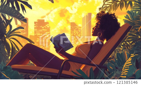 A woman with an afro sits in a chair with a book in her hand. She is looking at the cityscape, which is bathed in the warm glow of the setting sun 121385146