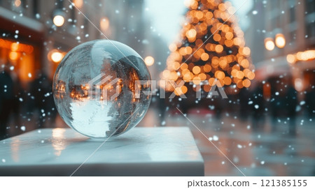 A crystal ball sits on a white pedestal, capturing reflections of a beautifully lit Christmas tree nearby. 121385155