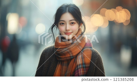 A young asian woman stands in busy urban area, dressed in a warm sweater and a colorful scarf. She smiles softly, surrounded by a backdrop of blurred lights and people, hinting at a lively atmosphere. A young asian woman stands in busy urban area, dressed in a warm sweater and a colorful scarf. She smiles softly, surrounded by a backdrop of blurred lights and people, hinting at a lively atmosphere. 121385208