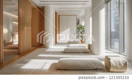 A sunlit room with white walls, large windows, and wooden accents features a row of white cushions and a large, plush ottoman in the foreground. 121385210