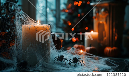 A warm glow from multiple candles illuminates a spooky arrangement featuring artificial spiders and cobwebs. Pumpkins add to the Halloween spirit in this cozy setting, evoking autumn vibes. 121385220