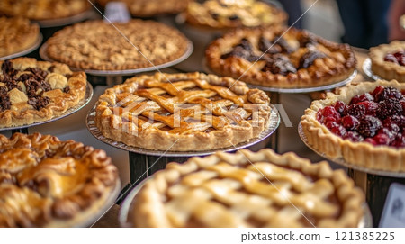A colorful assortment of assorted pies fills a table at a farmer's market, showcasing different flavors and crust designs under soft natural light. 121385225