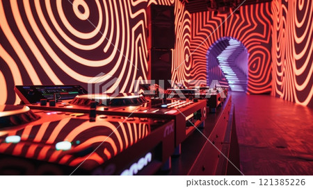 Bright red and black circular patterned walls illuminate a room with DJ mixer and turntables, adding a vibrant and modern feel Bright red and black circular patterned walls illuminate a room with DJ mixer and turntables, adding a vibrant and modern feel 121385226