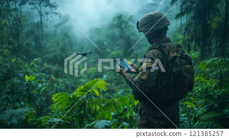 A soldier in tactical gear controls a drone using a tablet amidst lush greenery, focused on reconnaissance in a foggy rainforest setting. 121385257