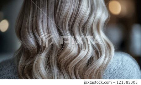 Long, wavy hair with blonde highlights is displayed from the back, illuminated by soft evening light indoors. 121385305