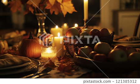 A table is set with a pumpkin, candles, and apples. The table is decorated with fall leaves and a tablecloth. The image is lit by candlelight. 121385312