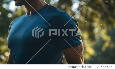 A dedicated runner enjoys a morning jog through a lush forest. Sunlight filters through the trees as sweat beads on his skin, highlighting his effort and focus during exercise. 121385347