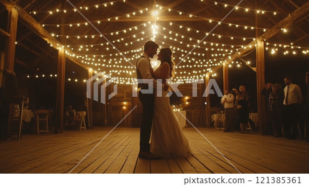 A bride and groom dance together in a dimly lit barn adorned with twinkling string lights during their wedding reception. 121385361