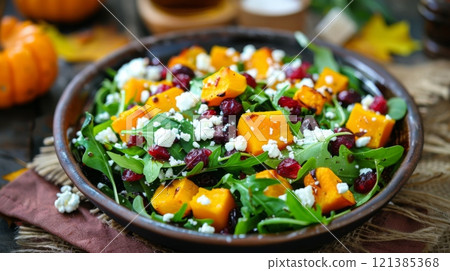 This dish features a vibrant salad with roasted butternut squash, pomegranate seeds, and feta, served in a rustic bowl, surrounded by seasonal decor. 121385368