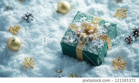A gift adorned with a golden ribbon sits on a bed of soft snow, surrounded by decorative ornaments and pinecones, evoking a cozy winter atmosphere perfect for the holiday season. 121385372