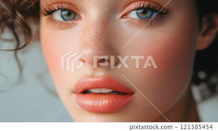 A young woman is captured in a close-up, displaying her vibrant blue eyes and soft, natural makeup. Her curly hair frames her face, highlighting her features and a gentle smile. A young woman is captured in a close-up, displaying her vibrant blue eyes and soft, natural makeup. Her curly hair frames her face, highlighting her features and a gentle smile. 121385454