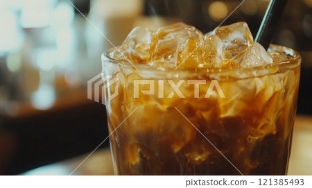 A refreshing glass of iced coffee filled with ice cubes is served at a cafe, evoking a warm afternoon vibe. 121385493