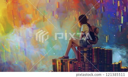 A young woman with a backpack sits atop a stack of books, immersed in a vibrant, colorful abstract background, evoking a sense of creativity and imagination. 121385511