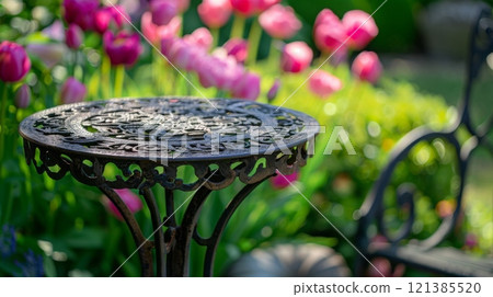 A black, ornate, metal garden table sits in a lush garden filled with pink flowers. A black, ornate, metal garden table sits in a lush garden filled with pink flowers. 121385520
