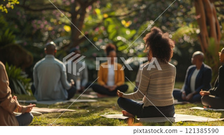 People meditate in a circle on a grassy field surrounded by lush trees, sunlight filtering through the leaves. 121385590