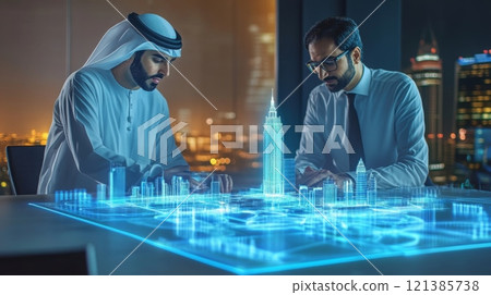Two men, one in traditional Middle Eastern attire and one in a business suit, are sitting at a desk in a dimly lit office 121385738