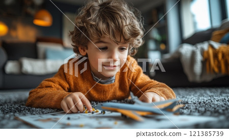 A boy with curly hair in an orange sweater enjoys crafting paper airplanes on a soft rug in a warm, inviting living room filled with natural light. 121385739
