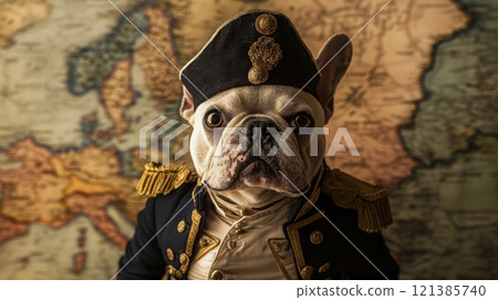 A white French bulldog wearing a navy blue and gold uniform stands in front of a world map. The dog has a serious expression on its face and is looking directly at the camera 121385740