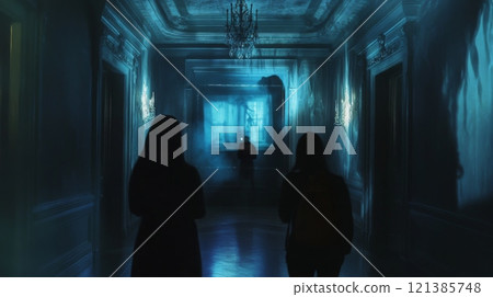 Three people walk through a dimly lit hallway, illuminated by an ethereal blue light. The walls are textured and adorned with ornate moldings, and a large chandelier hangs from the ceiling 121385748