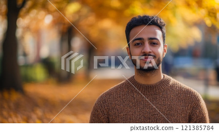 A young man stands confidently in a warm sweater, smiling against a backdrop of vibrant autumn foliage. Sunlight filters through the trees, creating a picturesque fall atmosphere. 121385784