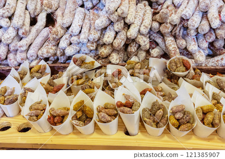 paper Cones cucurucho pintxos or tapas with serrano iberico ham carvings paper Cones cucurucho pintxos or tapas with serrano iberico ham carvings 121385907