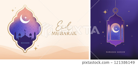 Ramadan Kareem window and lantern backgrounds. Modern Islamic greeting card template and wallpaper 121386149