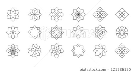Collection of black and white linear Arabic oriental floral vector elements. Traditional arabesque 121386150