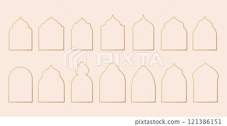 Collection of linear Islamic windows, mosque doors, frames and arches. Minimal golden Arabic 121386151