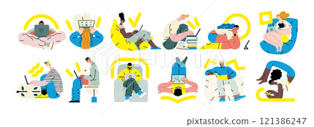 Creative workspace, modern flat vector concept illustration of a person working with a computer Remote work, flexibility, independence, efficiency, mobility, synergy, freedom 121386247