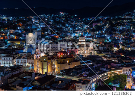 Guanajuato cityscape and night view of the Basilica Church (Guanajuato Cathedral) and La Compañia Cathedral Guanajuato cityscape and night view of the Basilica Church (Guanajuato Cathedral) and La Compañia Cathedral 121386362