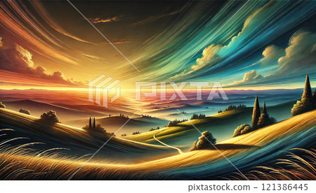 "A fantastical meadow and a magnificent sunset - a magnificent moment of nature" 121386445