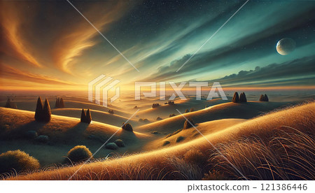 "A fantastical meadow and a magnificent sunset - a magnificent moment of nature" 121386446