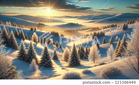 “清晨陽光照亮的冬日雪景——夢幻而寧靜的自然景觀” 121386449