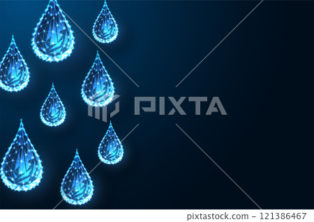 Glowing polygonal water drops Abstract web banner concept on dark blue background. Glowing polygonal water drops Abstract web banner concept on dark blue background. 121386467