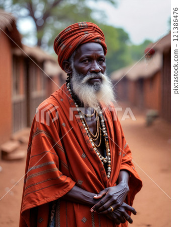 Elderly griot wearing traditional attire stands proudly in a village setting surrounded by huts Elderly griot wearing traditional attire stands proudly in a village setting surrounded by huts 121386476