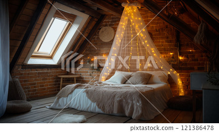 Cozy attic bedroom with fairy lights, wooden accents, and a romantic atmosphere during the evening glow Cozy attic bedroom with fairy lights, wooden accents, and a romantic atmosphere during the evening glow 121386478