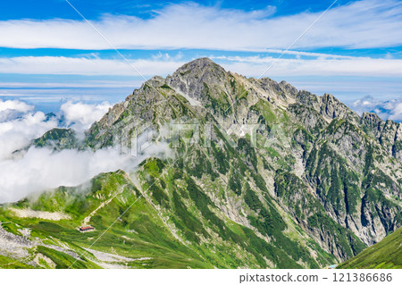 Mount Tsurugi seen from the hiking trail to Mount Betsuyama. Climbing Mount Tsurugi in the Northern Alps Mount Tsurugi seen from the hiking trail to Mount Betsuyama. Climbing Mount Tsurugi in the Northern Alps 121386686