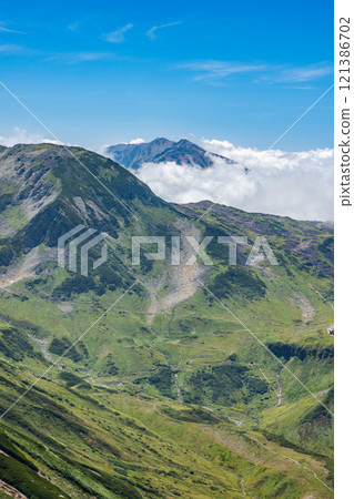 Mt. Yakushi with a sea of clouds seen from the hiking trail to Mt. Betsuyama. Climbing Mt. Tsurugi in the Northern Alps 121386702