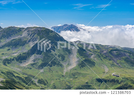Mt. Yakushi with a sea of clouds seen from the hiking trail to Mt. Betsuyama. Climbing Mt. Tsurugi in the Northern Alps 121386703