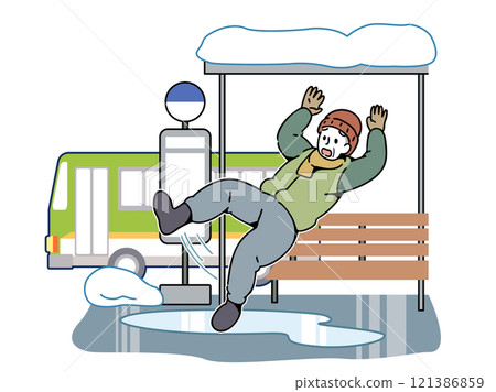 Grandpa falls on frozen road_bus stop Grandpa falls on frozen road_bus stop 121386859