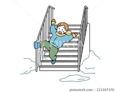 A boy slips and falls down the stairs on a snowy road A boy slips and falls down the stairs on a snowy road 121387376