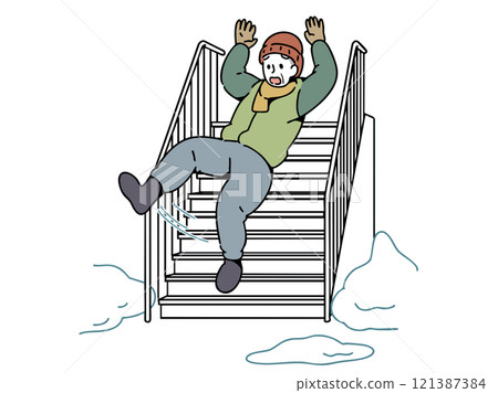 一名老人在積雪的樓梯上滑倒 121387384