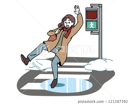 A woman slips and falls on a snowy crosswalk A woman slips and falls on a snowy crosswalk 121387392