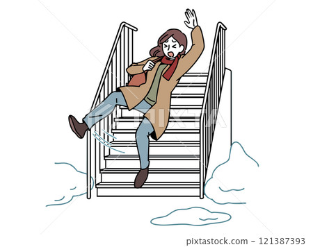 一名女子在積雪的樓梯上滑倒 一名女子在積雪的樓梯上滑倒 121387393